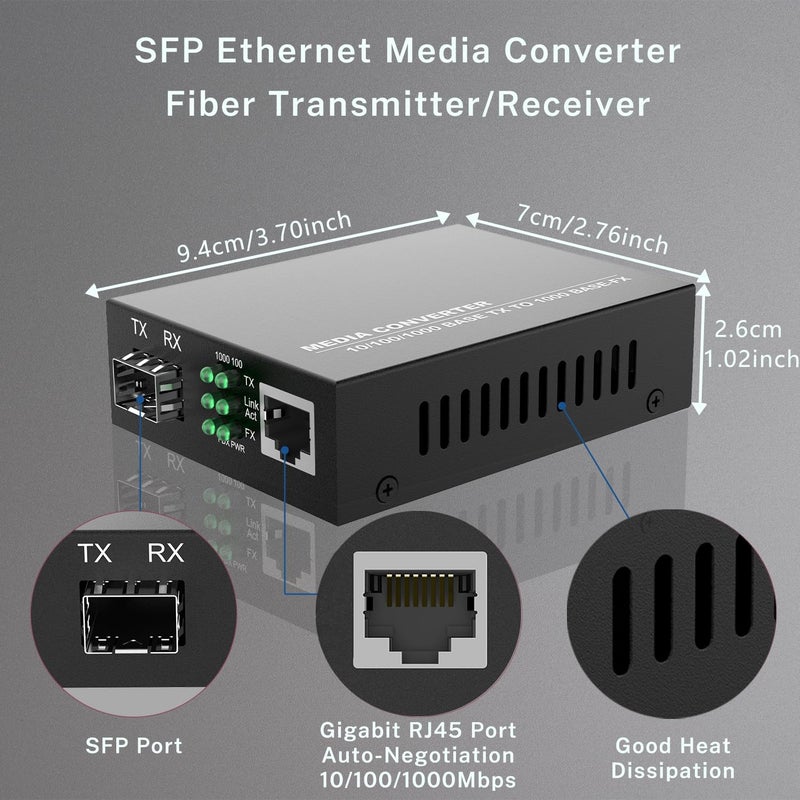 FTTPVIPS 2 Pack Gigabit Ethernet Fiber Media Converter, Open SFP Slot, RJ45 to 1000Base-SX for 10/100/1000Mbps, Supports Gigabit SFP Modules Up to 120KM, Plug and Play, Auto-Negotiation, UL Certified - Image 4